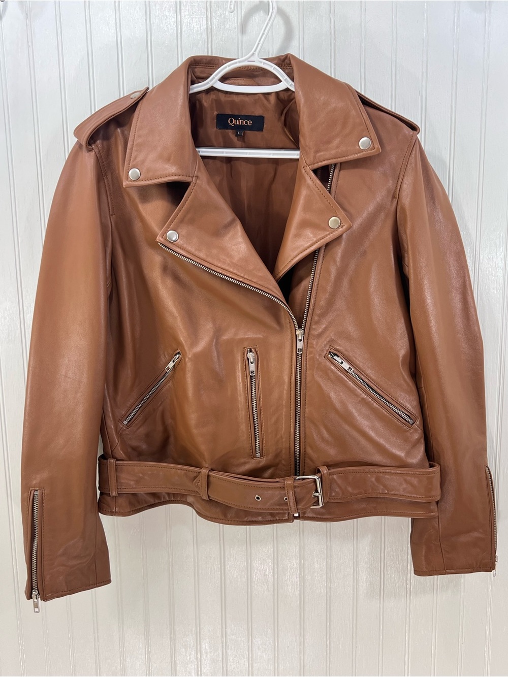 Quince 100% Leather Motorcycle Moto Jacket Cognac Brown L